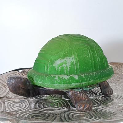 LOT 60D: Turtle Collection: Tiffany-Style Green Glass Turtle Lamp, Bohemian Green Glass Turtle Trinket Box, Indian Metal Turtle Tray...