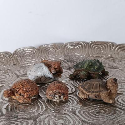 LOT 60D: Turtle Collection: Tiffany-Style Green Glass Turtle Lamp, Bohemian Green Glass Turtle Trinket Box, Indian Metal Turtle Tray...