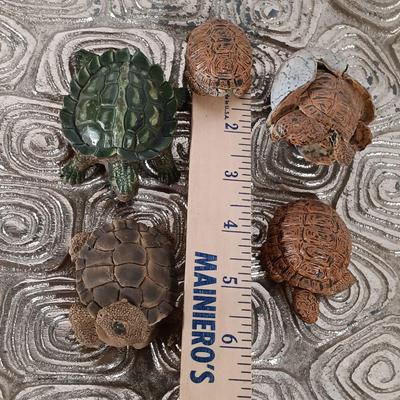 LOT 60D: Turtle Collection: Tiffany-Style Green Glass Turtle Lamp, Bohemian Green Glass Turtle Trinket Box, Indian Metal Turtle Tray...