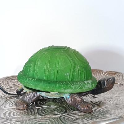 LOT 60D: Turtle Collection: Tiffany-Style Green Glass Turtle Lamp, Bohemian Green Glass Turtle Trinket Box, Indian Metal Turtle Tray...