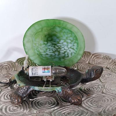 LOT 60D: Turtle Collection: Tiffany-Style Green Glass Turtle Lamp, Bohemian Green Glass Turtle Trinket Box, Indian Metal Turtle Tray...