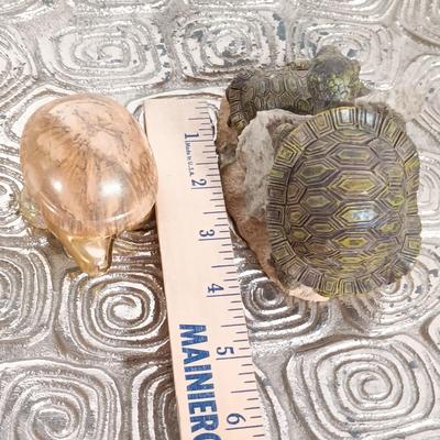 LOT 60D: Turtle Collection: Tiffany-Style Green Glass Turtle Lamp, Bohemian Green Glass Turtle Trinket Box, Indian Metal Turtle Tray...