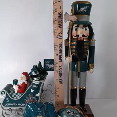 LOT 62D: NFL Christmas Collection Donovan McNabb Santa Sleigh, Memory Co. Philadelphia Eagles Nutcracker & More