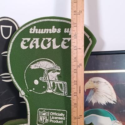 LOT 79B: Vintage Philadelphia Eagles Wall Plaque, Fred Dingler Signed Print, Gemmy Rockin' Randall Doll & More