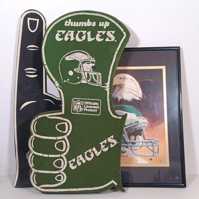 LOT 79B: Vintage Philadelphia Eagles Wall Plaque, Fred Dingler Signed Print, Gemmy Rockin' Randall Doll & More