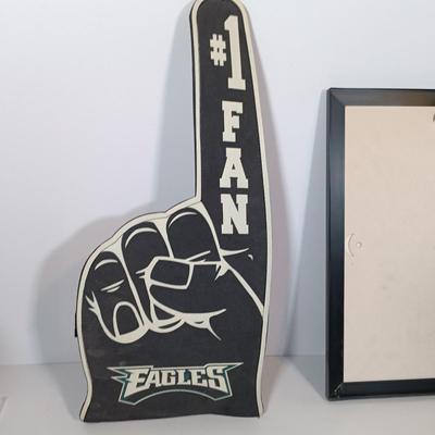 LOT 79B: Vintage Philadelphia Eagles Wall Plaque, Fred Dingler Signed Print, Gemmy Rockin' Randall Doll & More