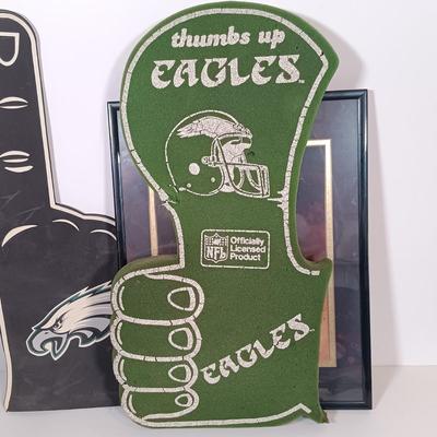 LOT 79B: Vintage Philadelphia Eagles Wall Plaque, Fred Dingler Signed Print, Gemmy Rockin' Randall Doll & More