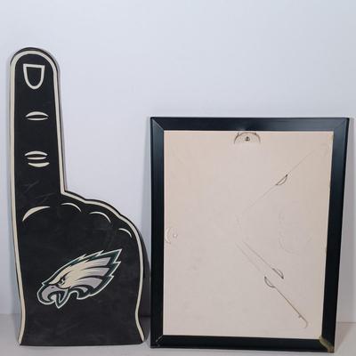 LOT 79B: Vintage Philadelphia Eagles Wall Plaque, Fred Dingler Signed Print, Gemmy Rockin' Randall Doll & More