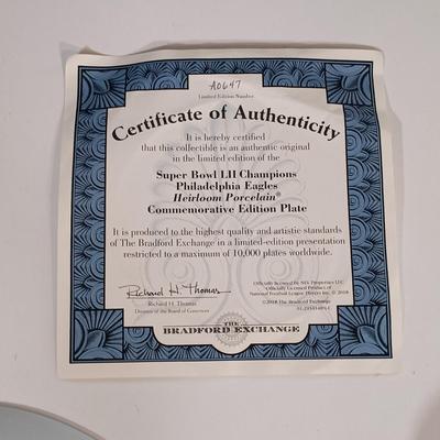 LOT 123B: Eagles Superbowl LII Wall Art w/ Collectible Plate and Resin Football