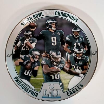 LOT 123B: Eagles Superbowl LII Wall Art w/ Collectible Plate and Resin Football