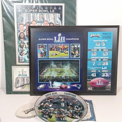 LOT 123B: Eagles Superbowl LII Wall Art w/ Collectible Plate and Resin Football