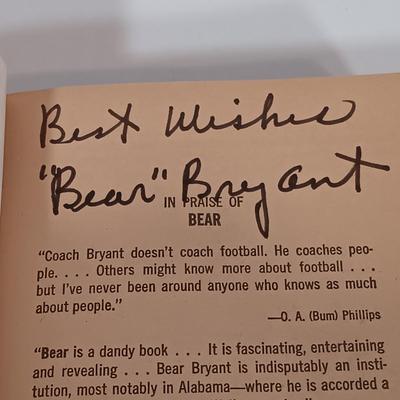LOT 128B: Bear Bryant Autographed Book - Bear by Paul W. Bryant and John Underwood