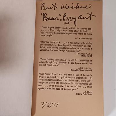 LOT 128B: Bear Bryant Autographed Book - Bear by Paul W. Bryant and John Underwood