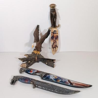 LOT 132B: Set of (3) Collectible Knives w/ John Wayne Knife Wall Art