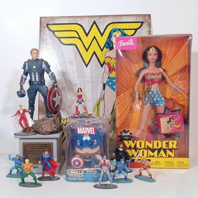 LOT 133B: Marvel Earth's Mightiest Edition 12" Captain America Figurine, Mattel DC Mini Figurines, Wonder Woman Barbie & More