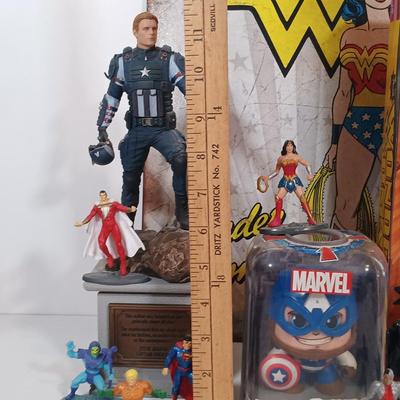 LOT 133B: Marvel Earth's Mightiest Edition 12" Captain America Figurine, Mattel DC Mini Figurines, Wonder Woman Barbie & More