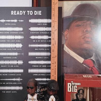 LOT 137B: The Notorious B.I.G. Chalk Art, Bobble Heads, Glasses & Metal Sign