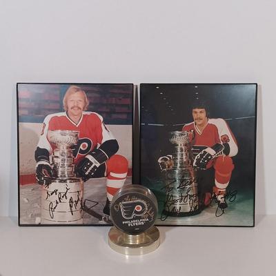 LOT 138B: Autographed Philadelphia Flyers Dave Schultz Hockey Puck and Photo w/ Autographed Bob Kelley Photo