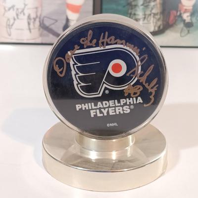 LOT 138B: Autographed Philadelphia Flyers Dave Schultz Hockey Puck and Photo w/ Autographed Bob Kelley Photo
