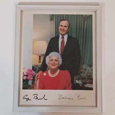 LOT 139B: Signed Barbara and George Bush Photo, Signed Jim Bunning Photo, George Bush Stamps & More