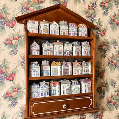 LOT 165K: 1989 Lenox Spice Village Porcelain Complete Set (24) with Wooden Display Shelf