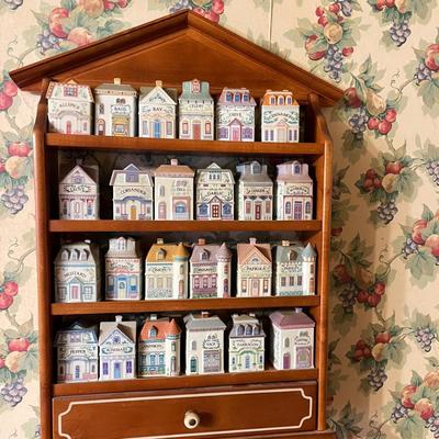 LOT 165K: 1989 Lenox Spice Village Porcelain Complete Set (24) with Wooden Display Shelf