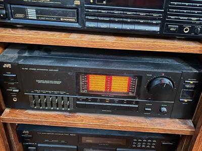 LOT 166D: Stereo System with Entertainment Cabinet, JVC Speakers, Pioneer 6-Disc CD Player, JVC Amplifier and Tuner, and Sony Dual Tape Deck