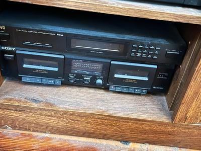 LOT 166D: Stereo System with Entertainment Cabinet, JVC Speakers, Pioneer 6-Disc CD Player, JVC Amplifier and Tuner, and Sony Dual Tape Deck
