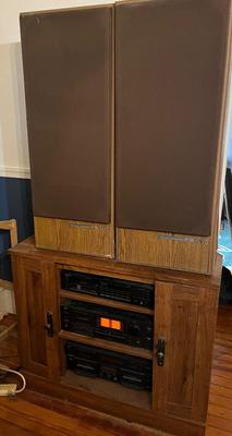 LOT 166D: Stereo System with Entertainment Cabinet, JVC Speakers, Pioneer 6-Disc CD Player, JVC Amplifier and Tuner, and Sony Dual Tape Deck