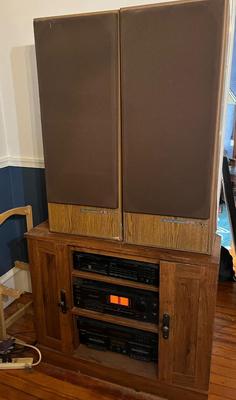 LOT 166D: Stereo System with Entertainment Cabinet, JVC Speakers, Pioneer 6-Disc CD Player, JVC Amplifier and Tuner, and Sony Dual Tape Deck