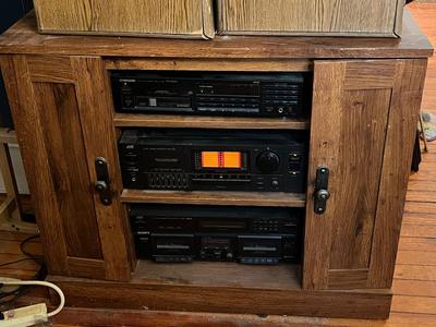 LOT 166D: Stereo System with Entertainment Cabinet, JVC Speakers, Pioneer 6-Disc CD Player, JVC Amplifier and Tuner, and Sony Dual Tape Deck