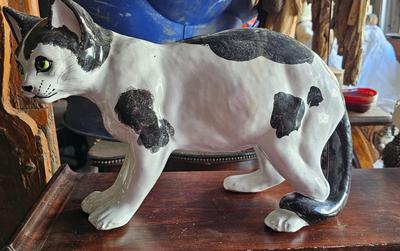 Large Black and White Ceramic Cat 10" high x 16" long Italian