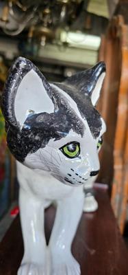 Large Black and White Ceramic Cat 10" high x 16" long Italian