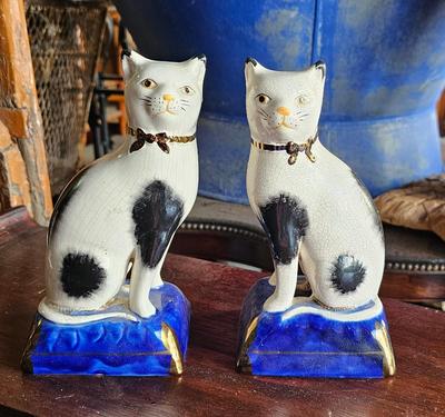 Antique Pair Two Staffordshire Cats on Pillows Gold Ribbons
