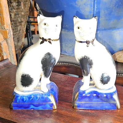 Antique Pair Two Staffordshire Cats on Pillows Gold Ribbons