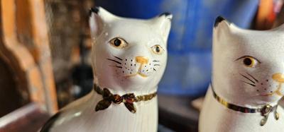 Antique Pair Two Staffordshire Cats on Pillows Gold Ribbons