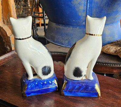 Antique Pair Two Staffordshire Cats on Pillows Gold Ribbons