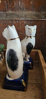 Antique Pair Two Staffordshire Cats on Pillows Gold Ribbons