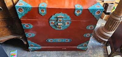 Chinese Vintage Blanket chest with Red Lacquer and Cloisonne Floral Decor with tray BOHO CHIC!