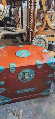 Chinese Vintage Blanket chest with Red Lacquer and Cloisonne Floral Decor with tray BOHO CHIC!