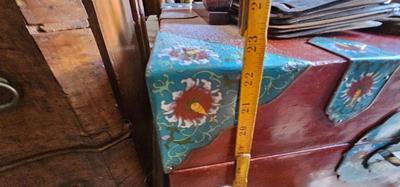 Chinese Vintage Blanket chest with Red Lacquer and Cloisonne Floral Decor with tray BOHO CHIC!