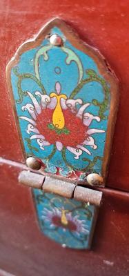 Chinese Vintage Blanket chest with Red Lacquer and Cloisonne Floral Decor with tray BOHO CHIC!
