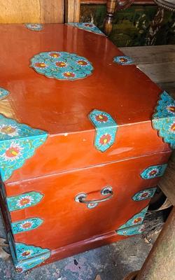 Chinese Vintage Blanket chest with Red Lacquer and Cloisonne Floral Decor with tray BOHO CHIC!