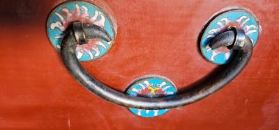 Chinese Vintage Blanket chest with Red Lacquer and Cloisonne Floral Decor with tray BOHO CHIC!