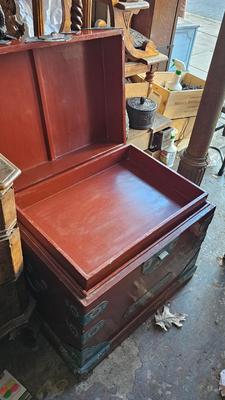 Chinese Vintage Blanket chest with Red Lacquer and Cloisonne Floral Decor with tray BOHO CHIC!