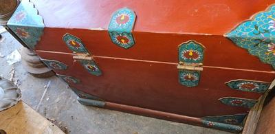 Chinese Vintage Blanket chest with Red Lacquer and Cloisonne Floral Decor with tray BOHO CHIC!