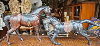 Two Leather Wrapped 12" Horses Statues Figurines Equestrian Art Decor