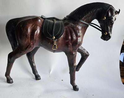 Two Leather Wrapped 12" Horses Statues Figurines Equestrian Art Decor