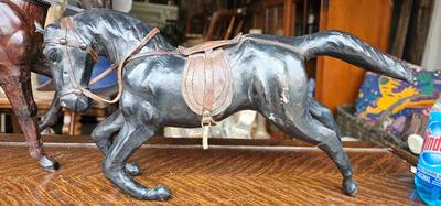 Two Leather Wrapped 12" Horses Statues Figurines Equestrian Art Decor