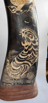 Pair of Vintage Asian Water Buffalo Horns, Embossed Dragons and Tigers